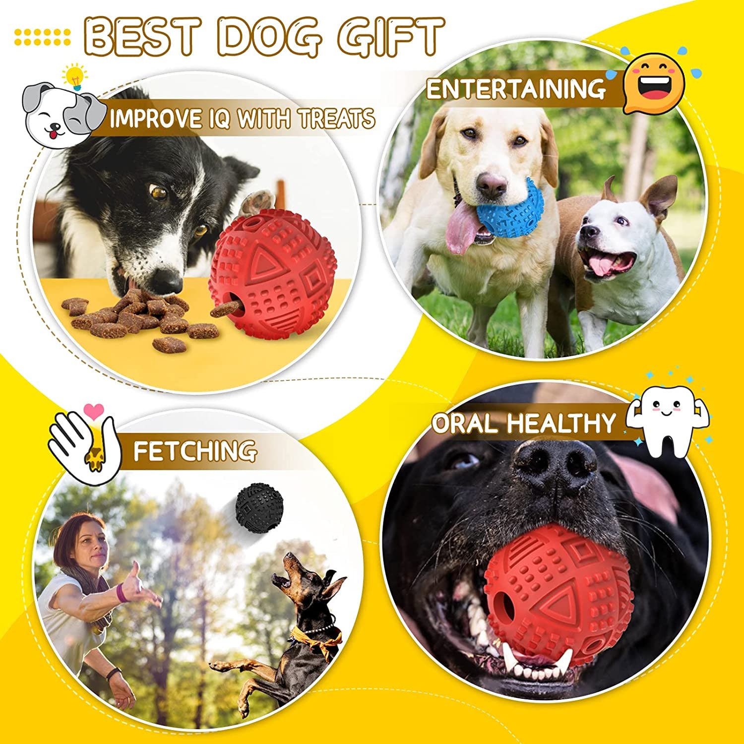 Dog Balls Treat Dispensing Dog Toys for Aggressive Chewers Large Breed, Nearly Indestructible Squeaky Puppy Chew Toys for Largebreeds, Natural Rubber Doggie Puzzle Toys, Pet Treat Ball
